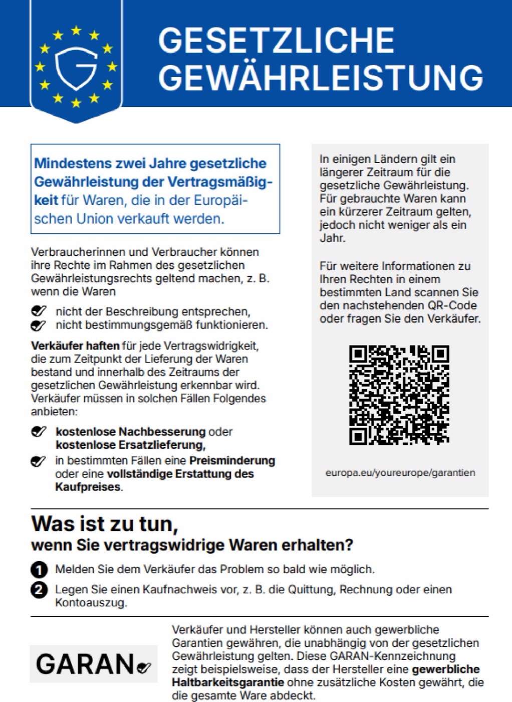 Harmonisierte Mitteilung der EU über das gesetzliche Gewährleistungsrecht. Den vollständigen Text finden Sie unter „Textfassung“.
